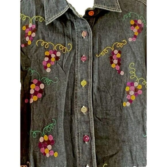 Silver Threads Wine Med Embroidered Jean ButtonUp Blouse Boho Grape Vineyard - Picture 3 of 6